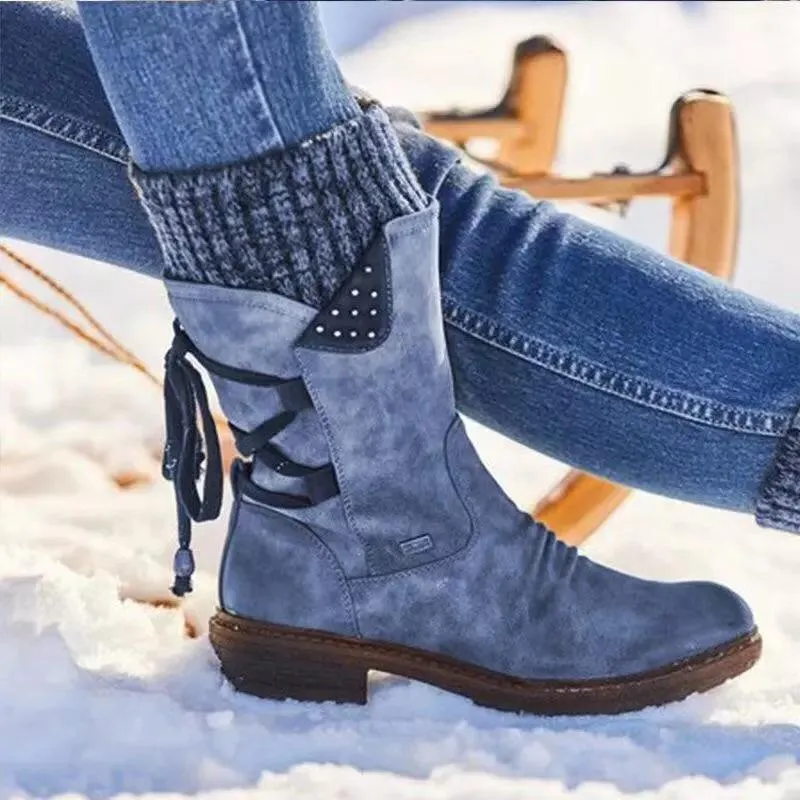 Women's sweater cuff snow boots mid calf zipper low heel back lace-up boots