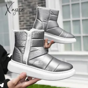 Xajzpa - Snow Boots Women Winter Warm Plush Slip-on Silver Waterproof Zip Couple Ankle Boots Ladies New Comfortable Cotton Shoes